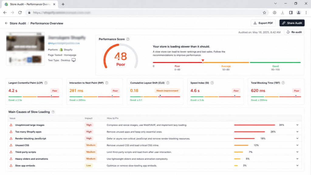 Shopify store performance audit showing causes of a slow loading ecommerce website