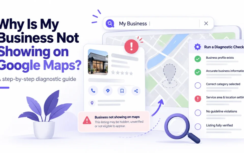 Illustration of a business listing missing from Google Maps alongside a profile diagnostic checklist