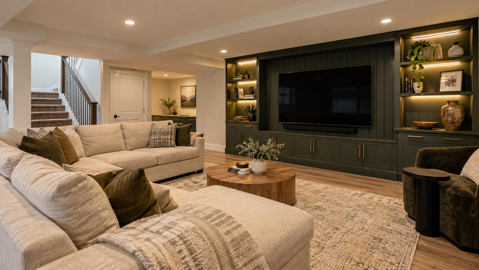 Finished basement lounge with custom media wall