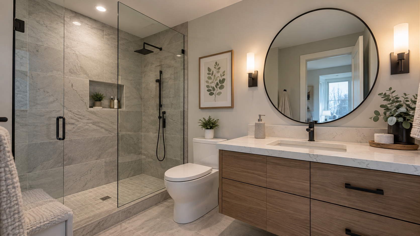 Modern bathroom with glass shower and wood vanity