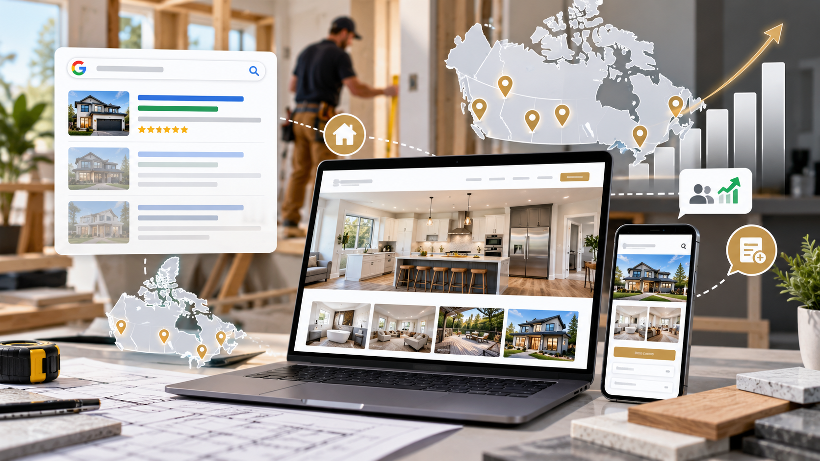 Canadian renovation project portfolio on laptop with local search listings and project photography