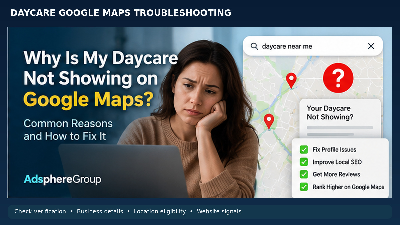 Illustrated daycare Google Maps troubleshooting checklist about location visibility, verification and profile information