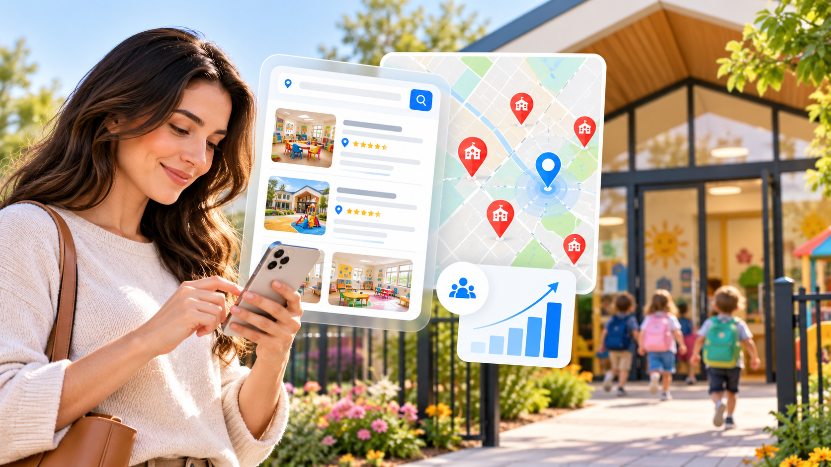 Parent viewing preschool and daycare search listings on a smartphone outside an early learning centre