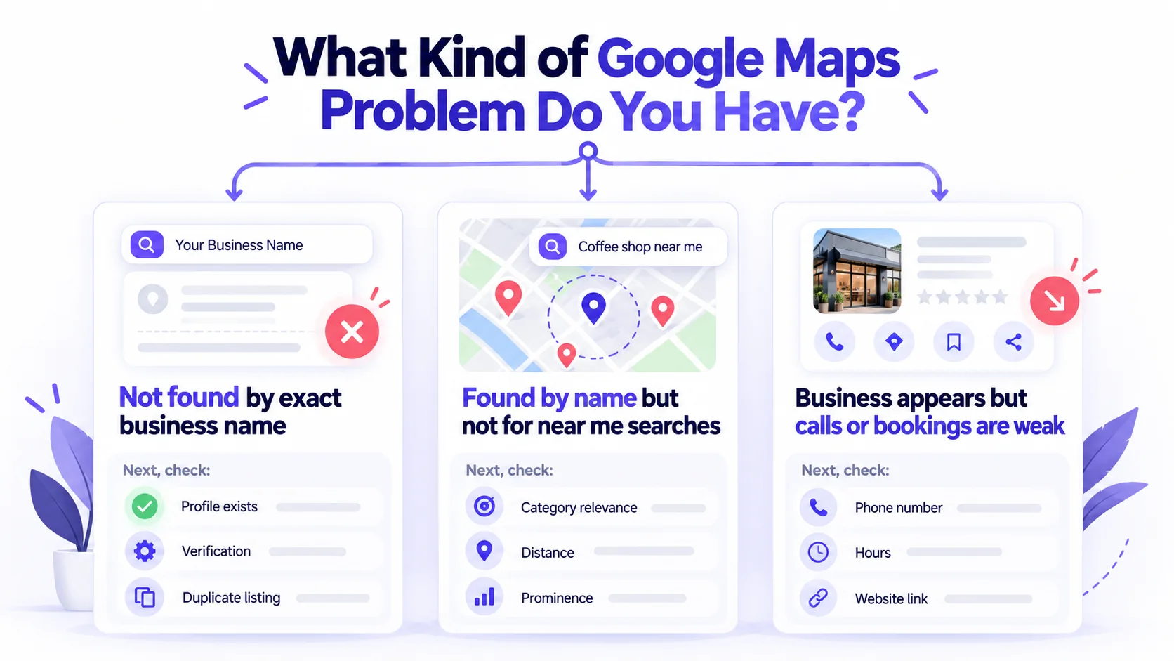 Decision tree for business missing by exact name, missing from near-me searches or getting weak calls and bookings