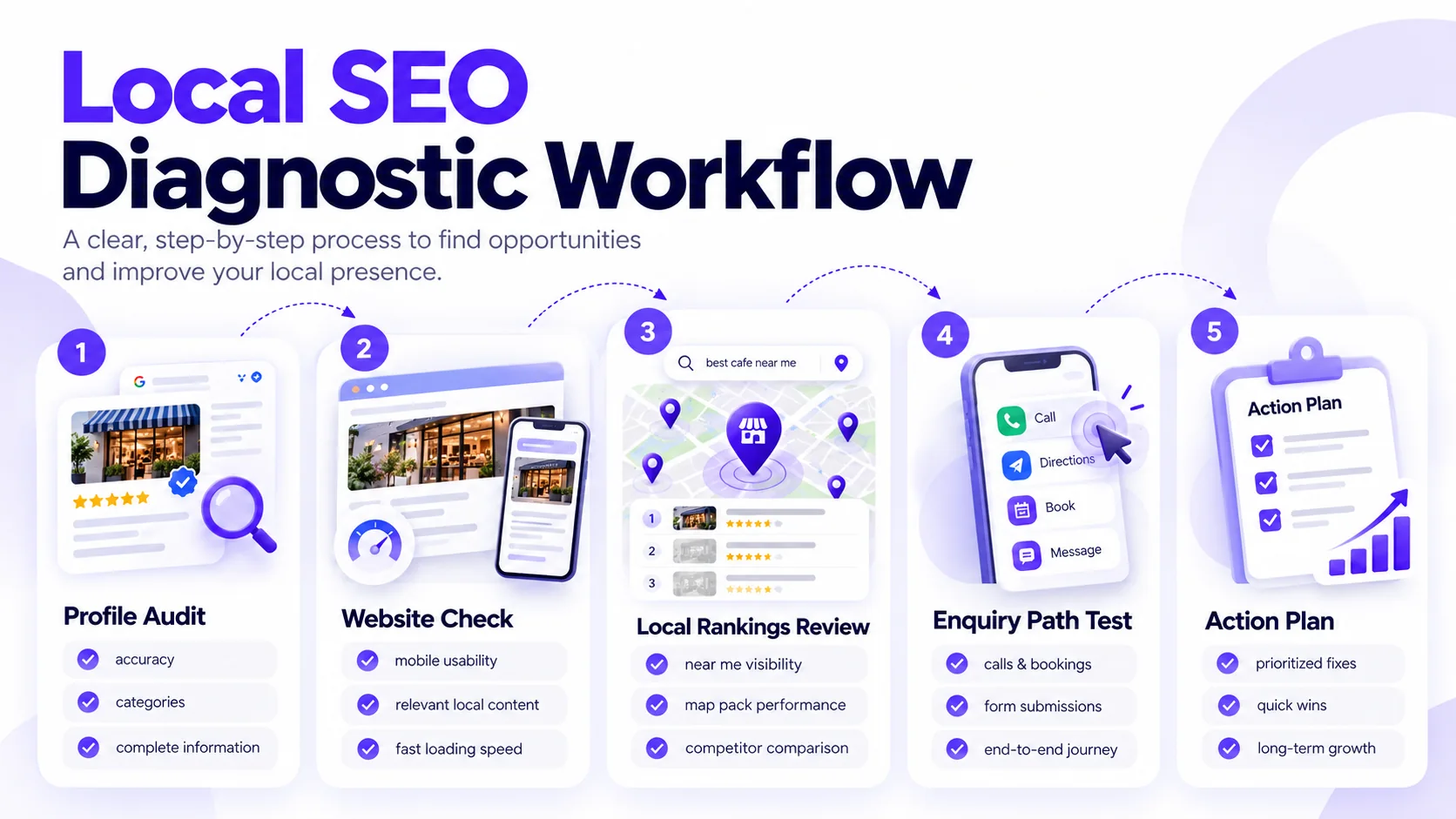 Five-stage local SEO audit infographic showing profile review, website checks, local visibility, enquiry testing and action plan
