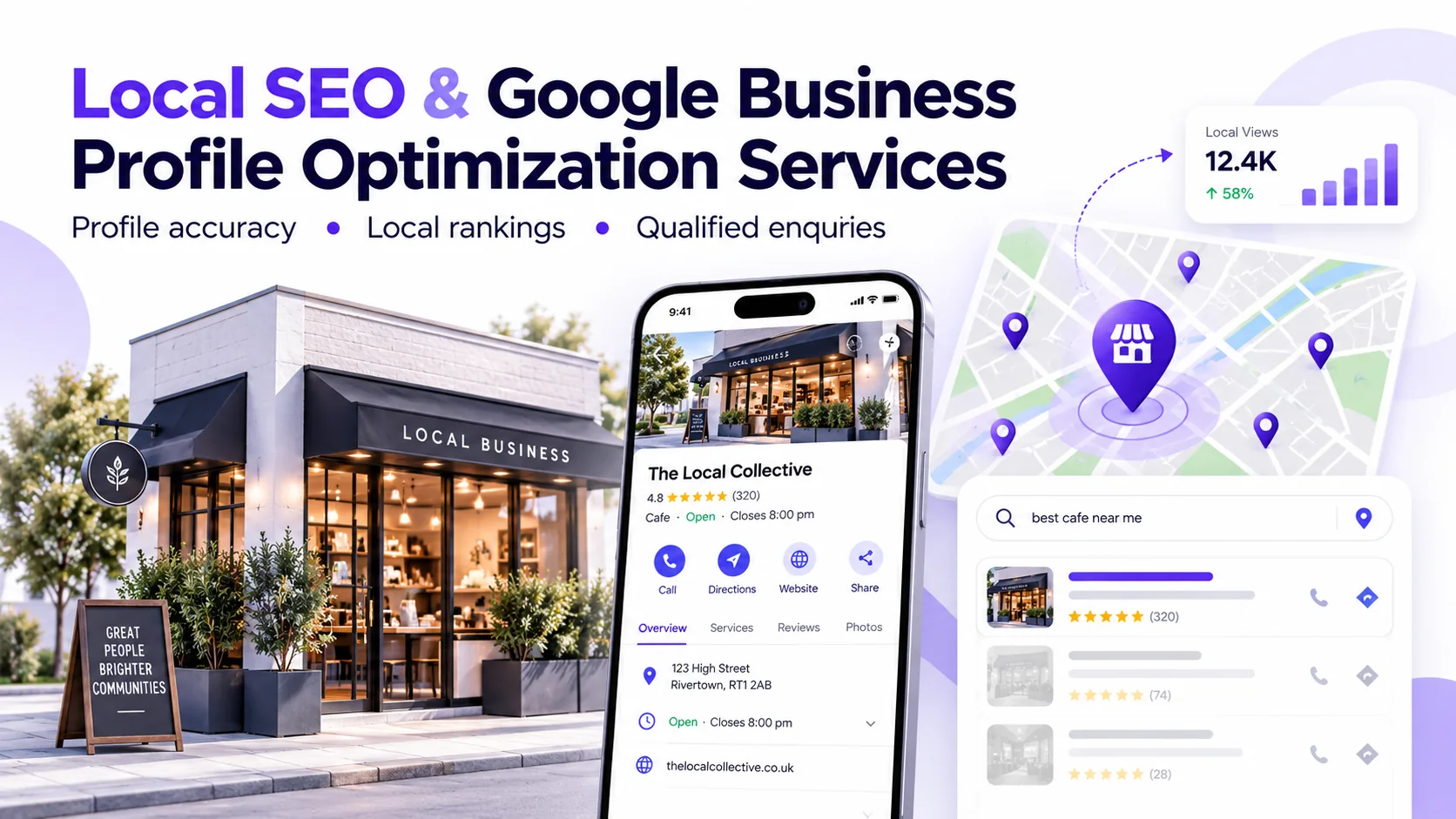 Illustrated local business storefront, map listing and mobile profile representing local SEO and Google Business Profile optimization