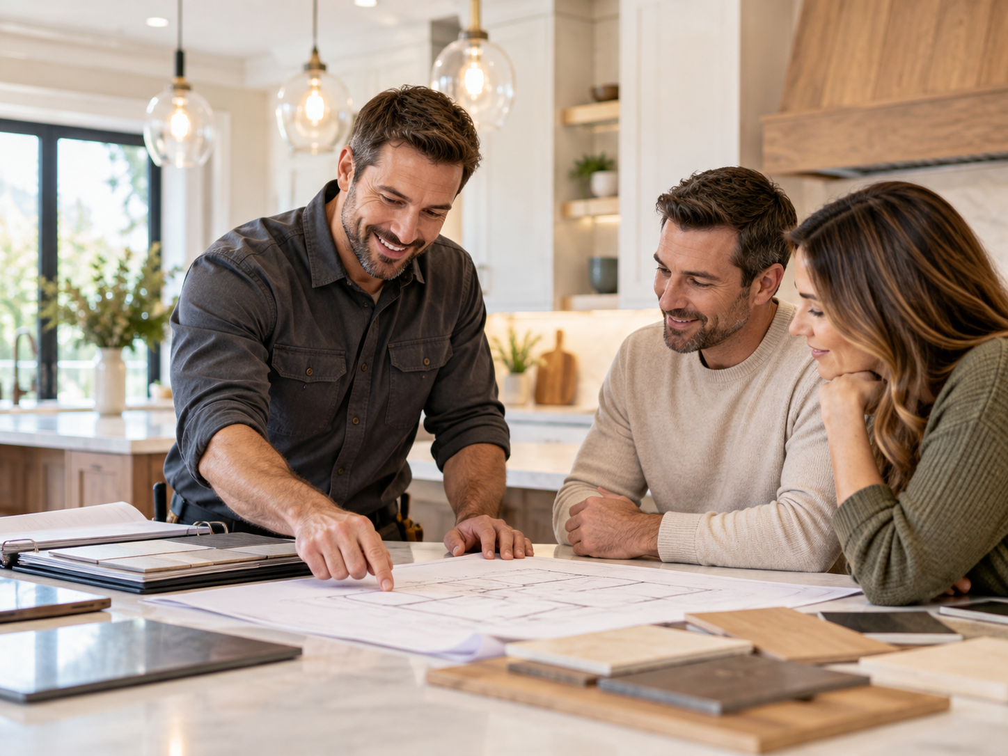 Home renovation consultant reviewing plans with clients