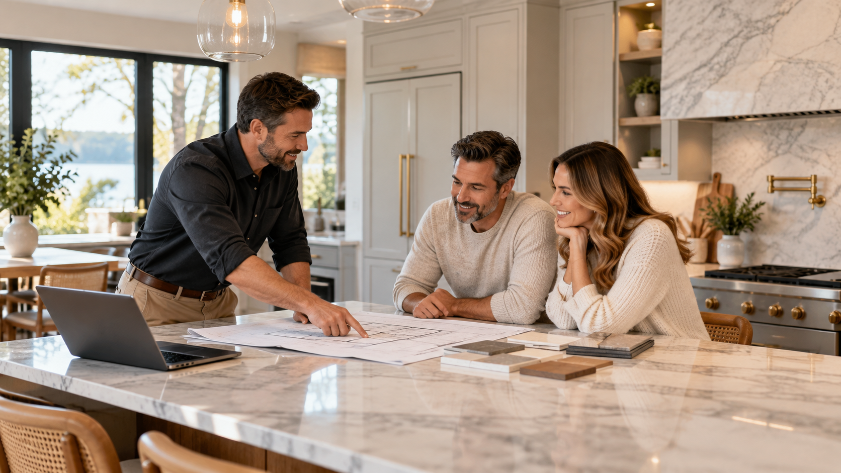 Renovation contractor discussing plans with homeowners