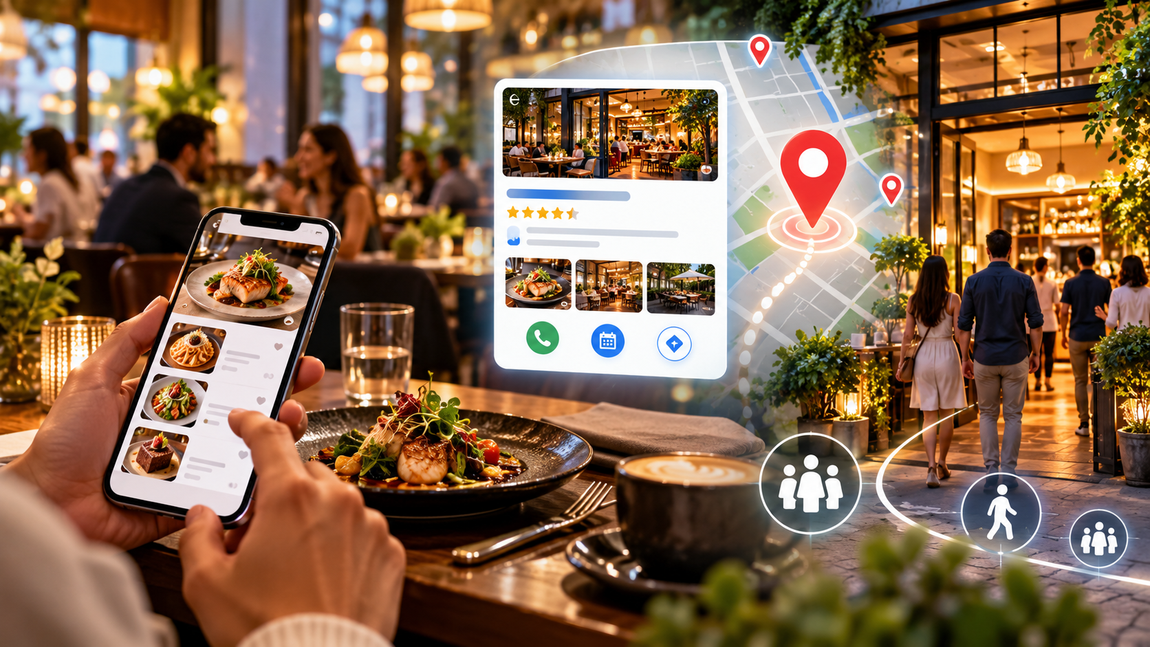 Restaurant guest browsing a digital food menu alongside an illustrated local search listing and map