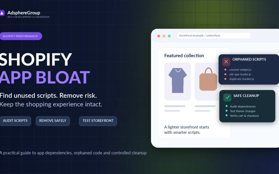 Shopify storefront illustration showing orphaned third-party scripts and a safe app cleanup audit
