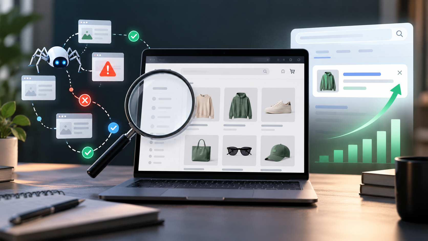 Shopify product collection on laptop with conceptual crawl diagnostic and search-visibility chart
