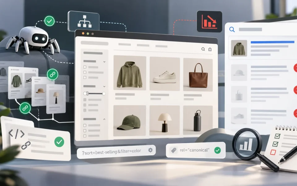 Online store collections with an illustrated search crawler, canonical tags and SEO audit indicators
