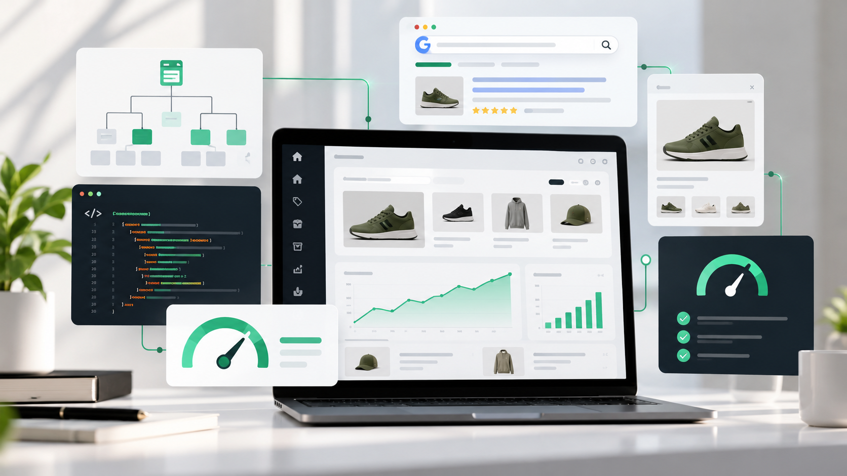 Online store product collections and illustrated technical SEO workflow with crawl structure and performance checks