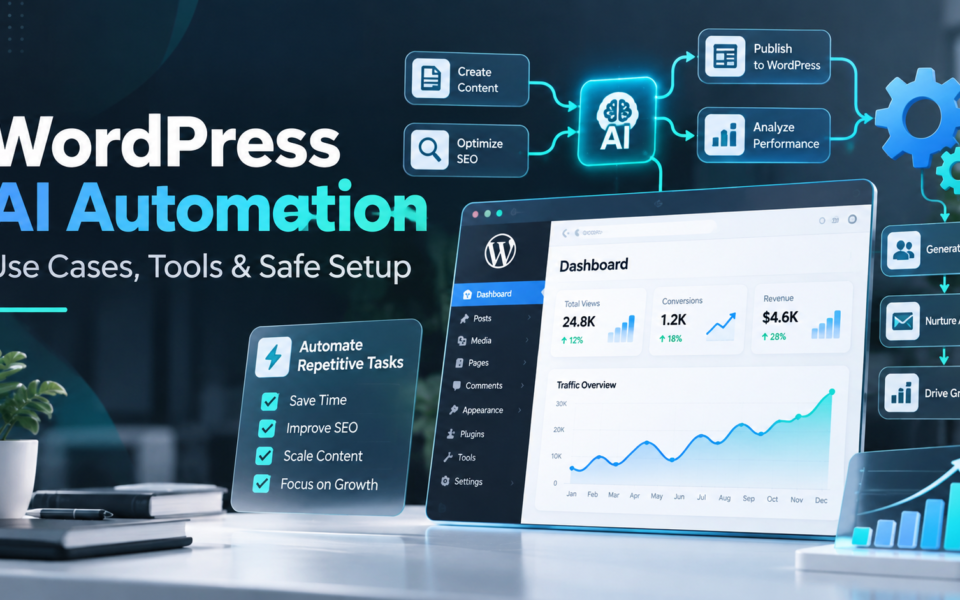 WordPress AI automation dashboard illustrating AI content creation, SEO optimization and website workflows